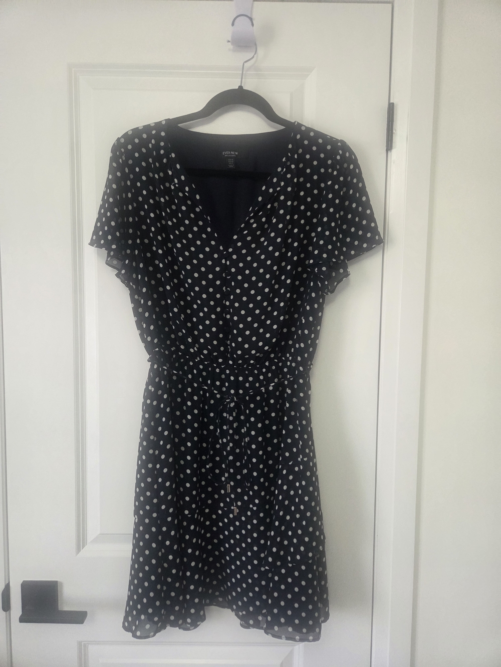Ever New Navy Blue & White Polka Dot V-Neck Tie-Waist Mini Dress